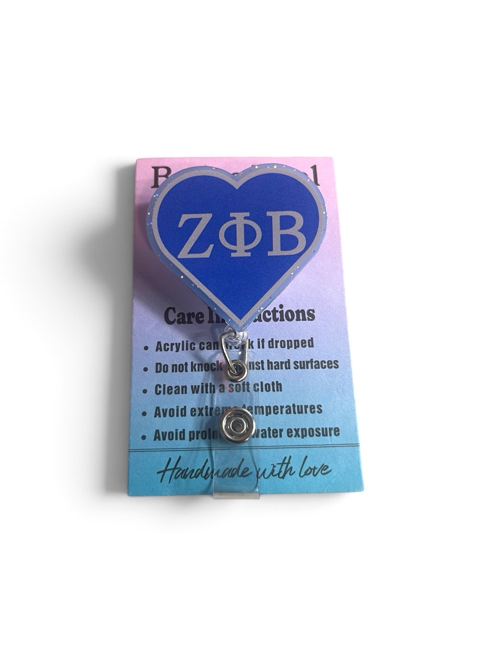 Zeta Phi Beta Heart Badge Reel with ΖΦΒ Letters - Blue and Silver